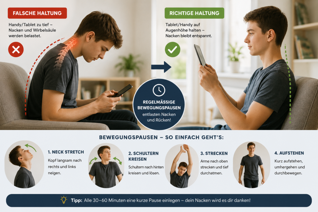 Jugendlicher hält Smartphone auf Augenhöhe und macht Bewegungspausen zur Vorbeugung von Nackenverspannungen.
