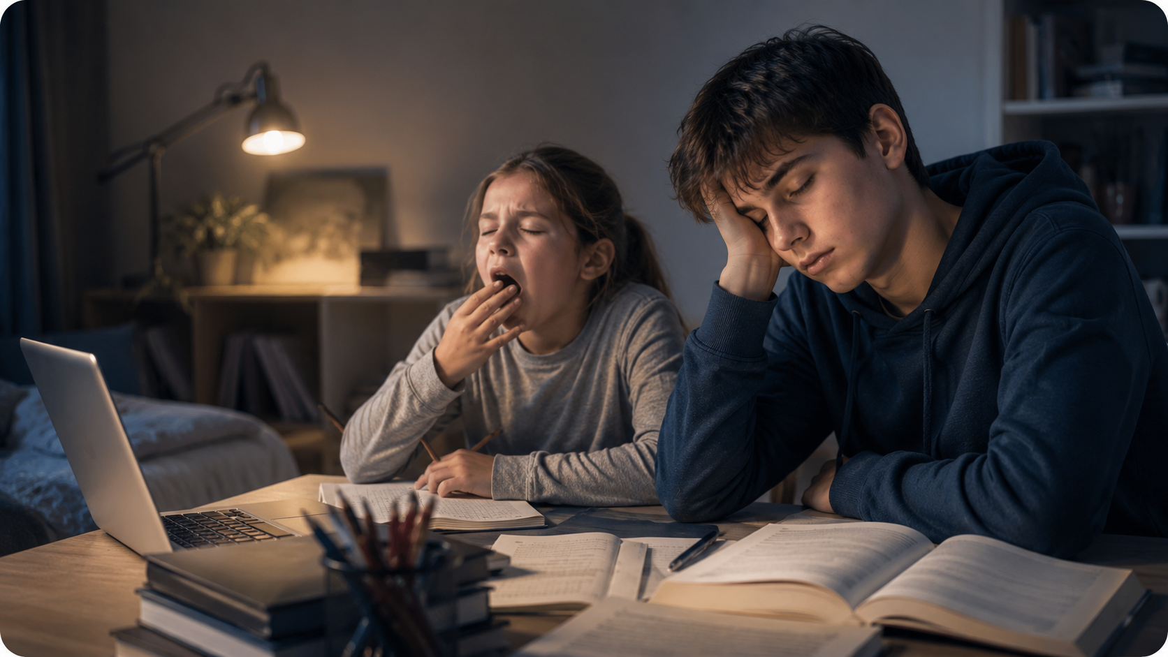 Müder Jugendlicher und erschöpftes Kind sitzen abends am Schreibtisch und kämpfen mit Konzentrationsproblemen durch Schlafmangel.