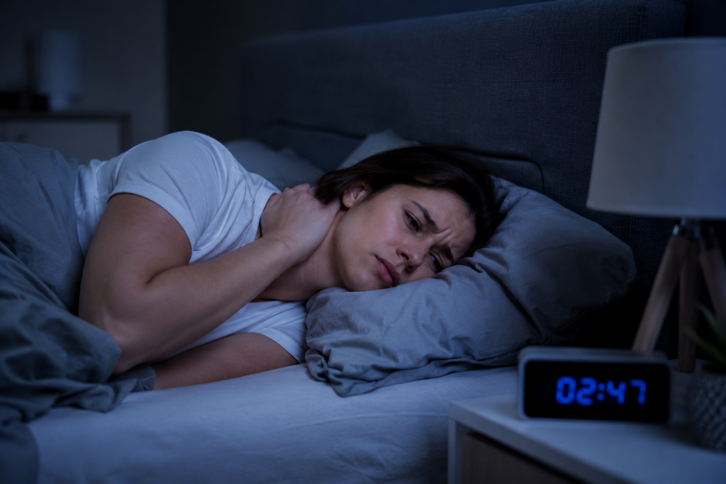 Frau liegt nachts wach im Bett und hält sich wegen Nackenschmerzen den Nacken