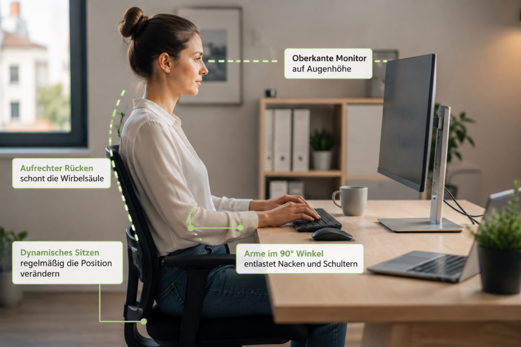 Ergonomischer Arbeitsplatz mit korrekt eingestelltem Monitor und aufrechter Sitzhaltung zur Entlastung der Halswirbelsäule