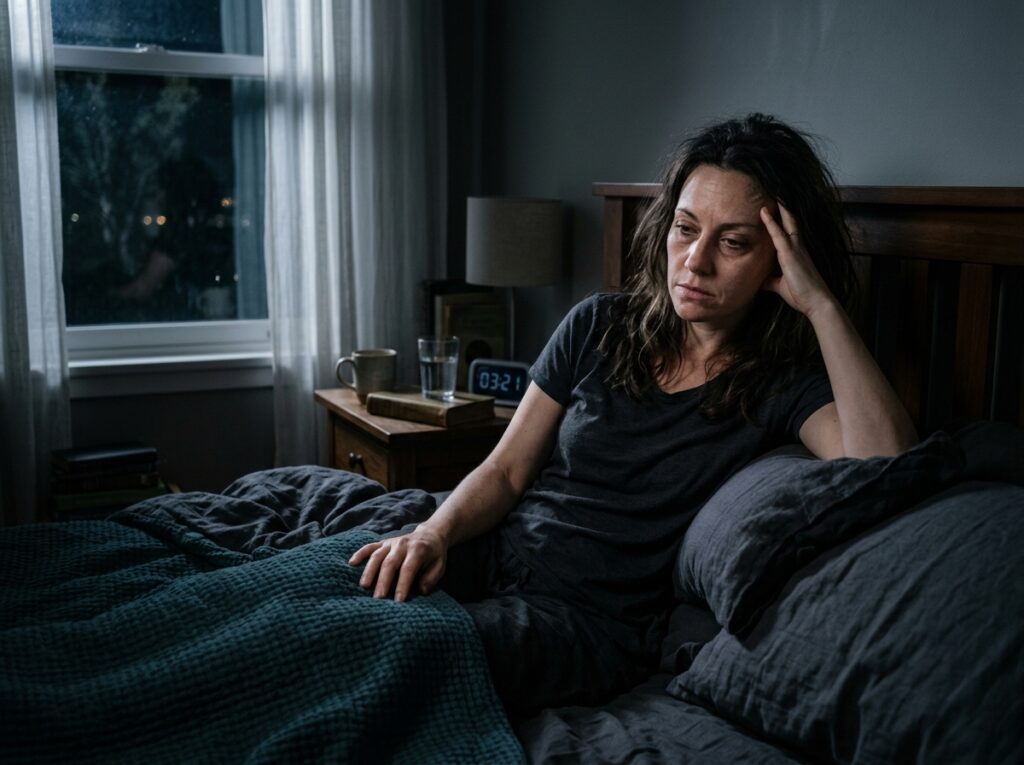Frau mit Schlafstörungen durch Oestrogendominanz im Bett.
