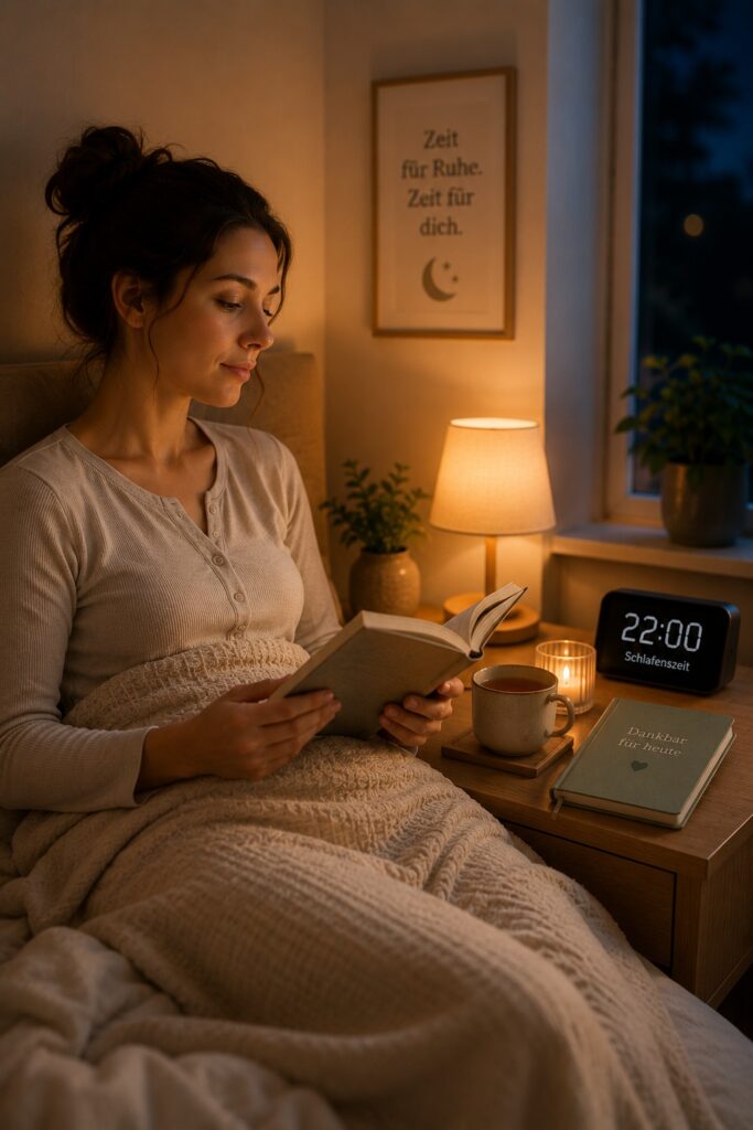 Entspannungsritual am Abend mit Lesen und fester Schlafenszeit für besseren Schlaf