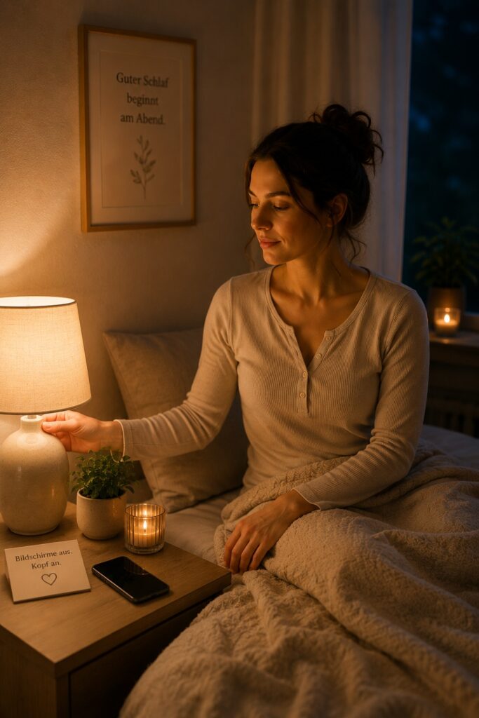 Frau dimmt abends das Licht und verzichtet auf Smartphone und Bildschirmzeit für besseren Schlaf