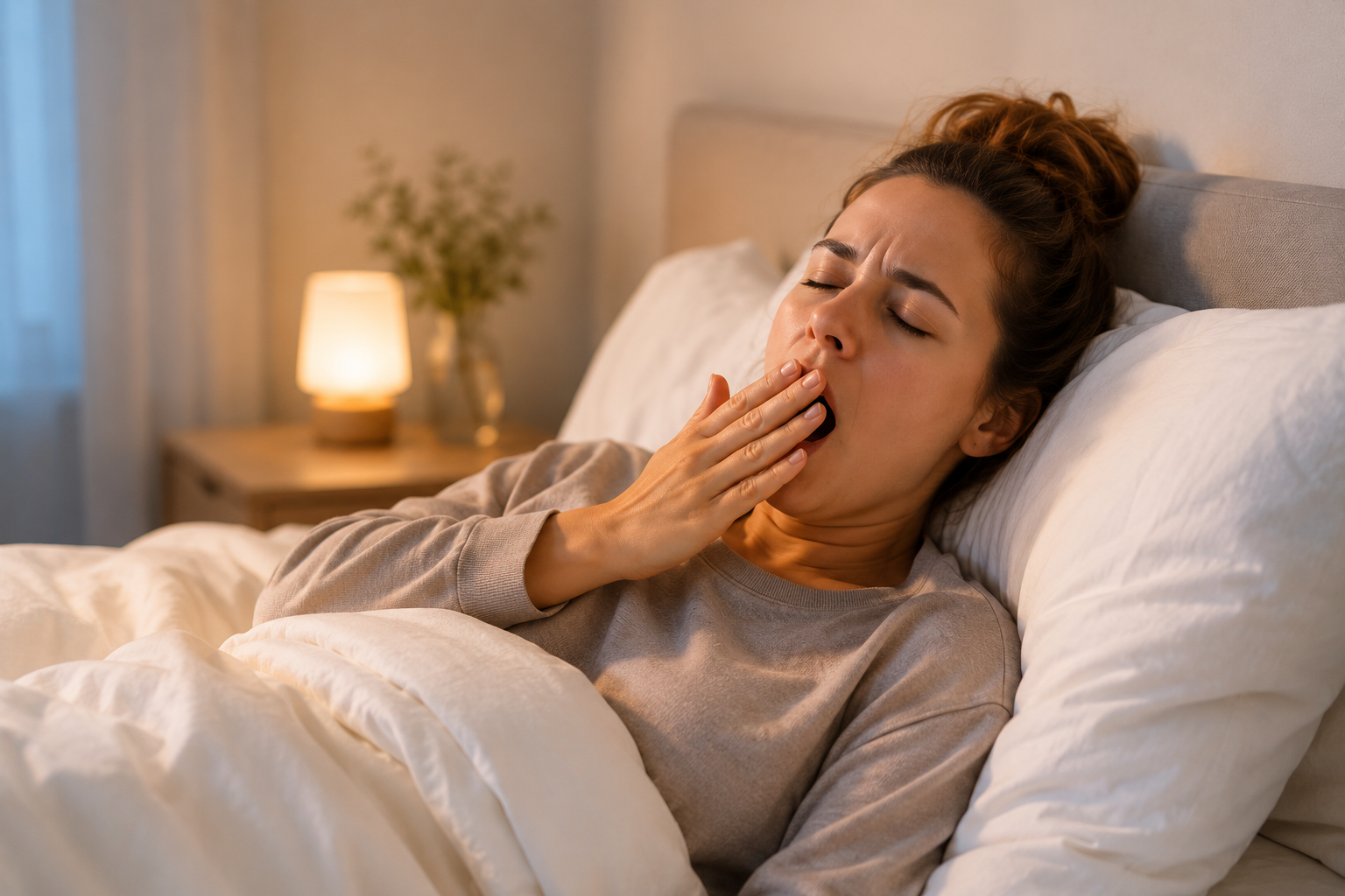 Frau sitzt morgens müde im Bett und gähnt als Zeichen von Schlafmangel und Erschöpfung.