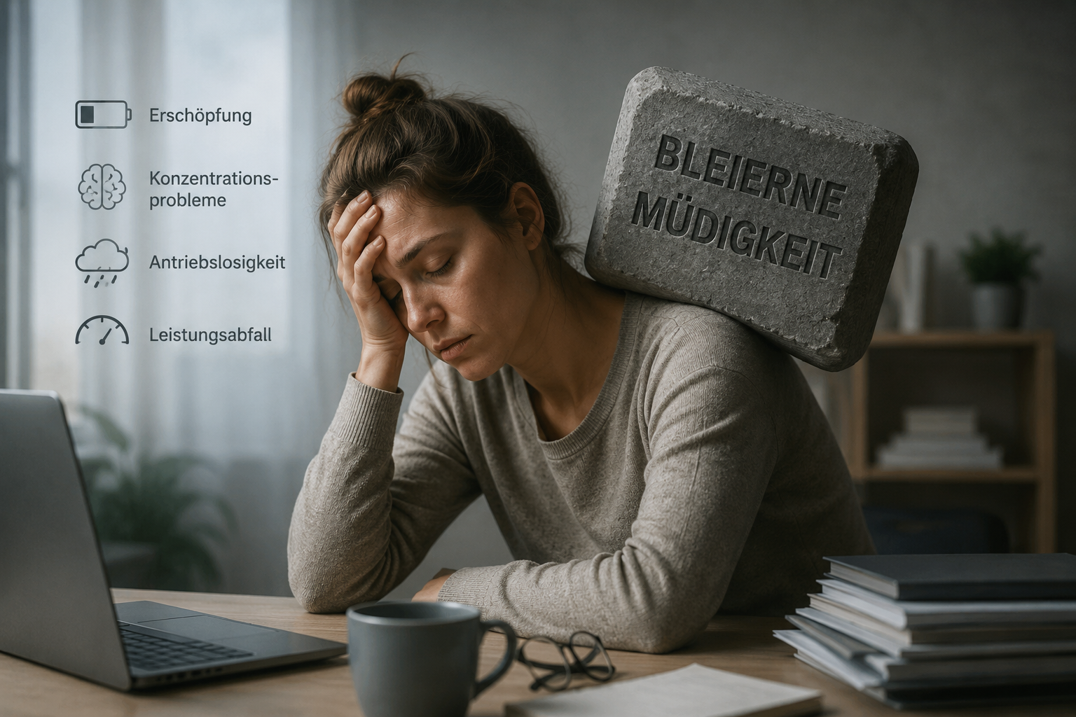 Erschöpfte Frau sitzt müde am Schreibtisch. Ein schwerer Stein symbolisiert bleiernde Müdigkeit mit Symptomen wie Konzentrationsproblemen, Antriebslosigkeit und Leistungsabfall.