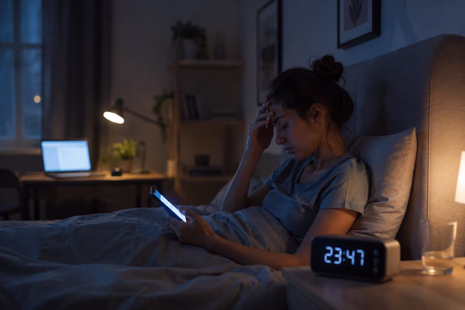 Frau nutzt spät am Abend ein Smartphone im Bett und zeigt Anzeichen ungesunder Schlafgewohnheiten