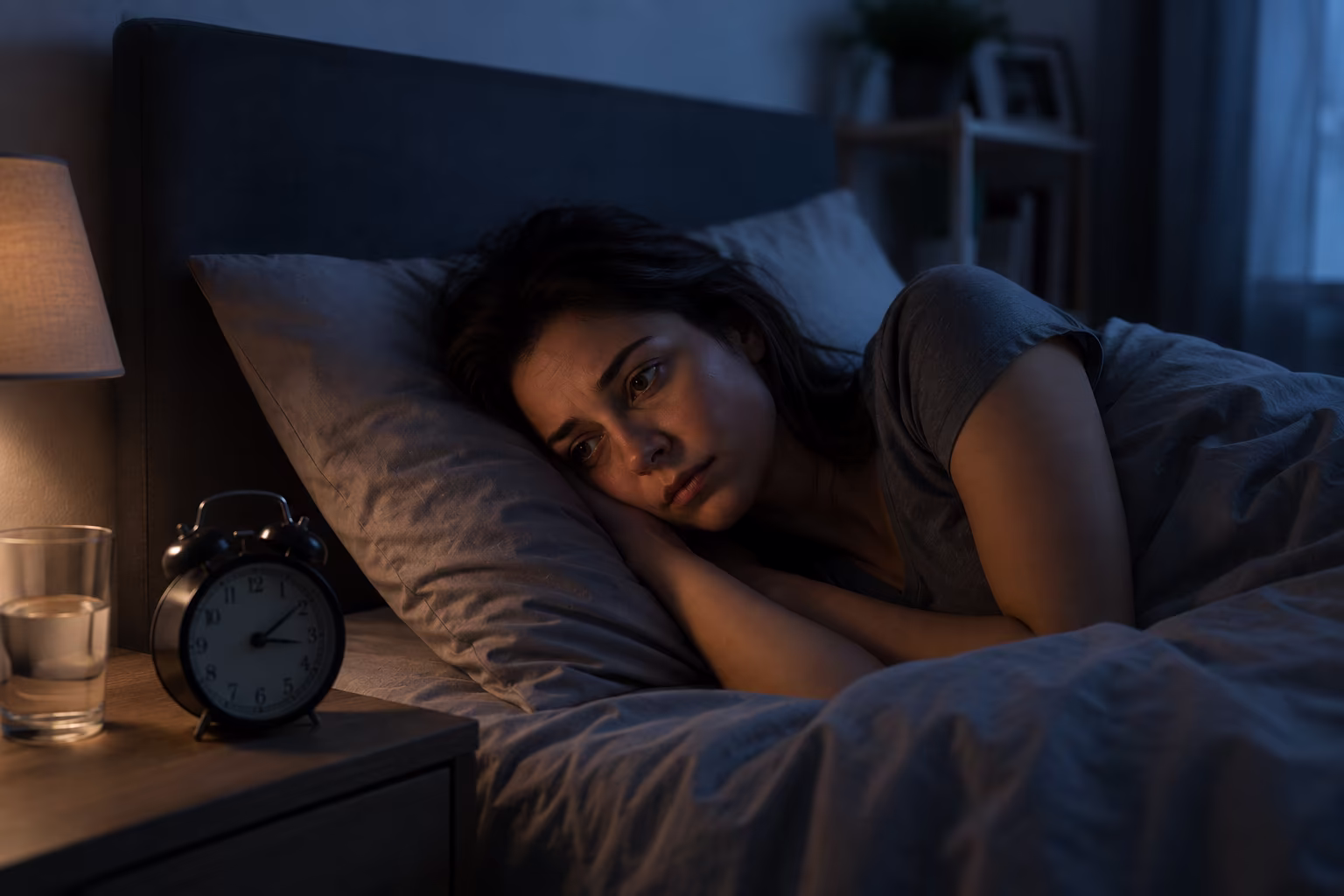 Wach liegende Frau im Bett als Symbol für Schlafstörungen und nächtliche Schlafprobleme