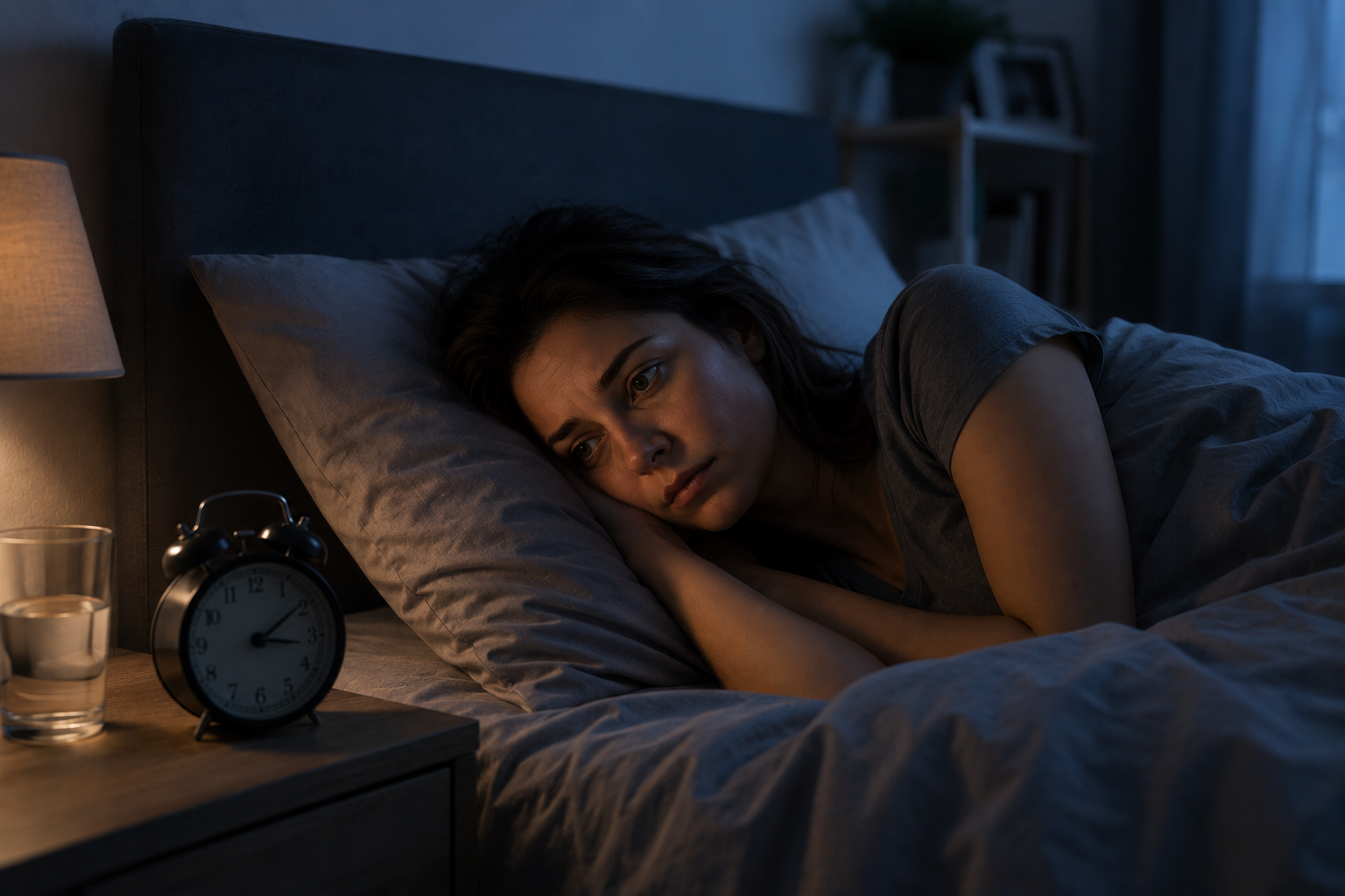Wach liegende Frau im Bett als Symbol für Schlafstörungen und nächtliche Schlafprobleme
