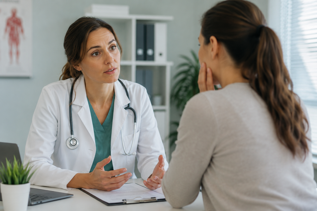 Ärztin berät Patientin zu Schlafproblemen und anhaltenden Schlafstörungen in einer Arztpraxis.