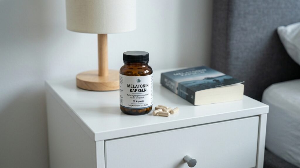 Melatonin‑Kapseln auf dem Nachttisch – Einschlafhilfe im Schlafzimmer