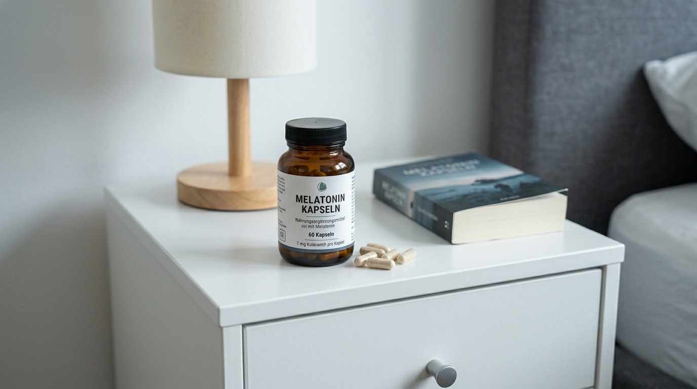 Melatonin‑Kapseln auf dem Nachttisch – Einschlafhilfe im Schlafzimmer