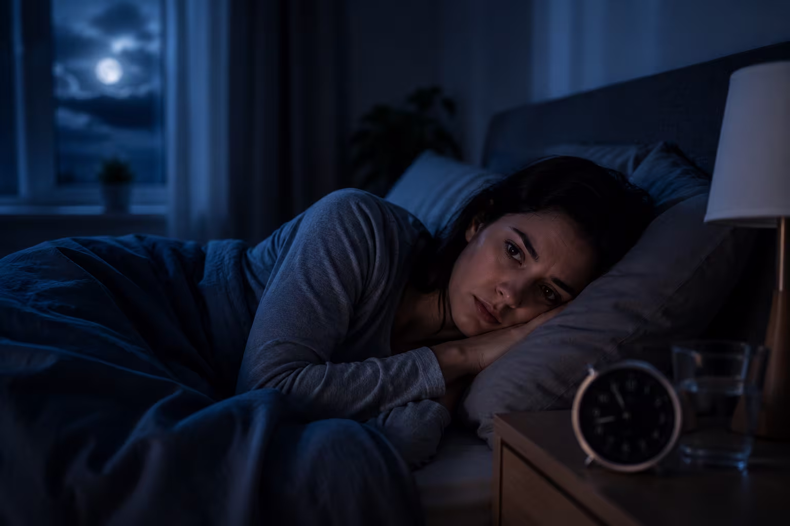 Frau liegt nachts wach im Bett und blickt erschöpft in die Dunkelheit – Symbolbild für Insomnia und Schlaflosigkeit.